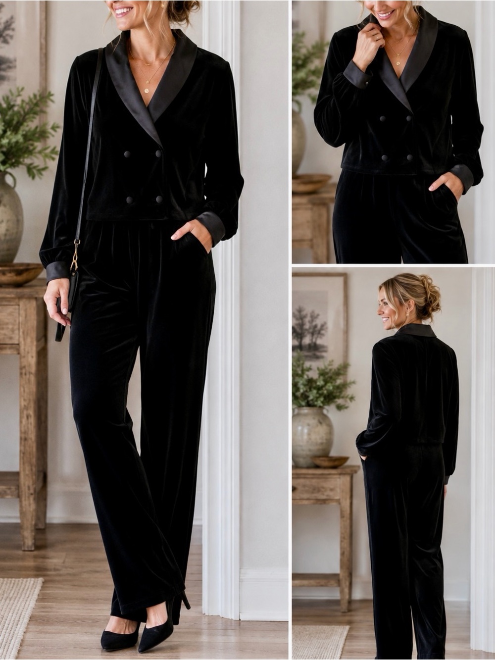 Black Velvet Double-Breasted Jumpsuit with Satin Trim